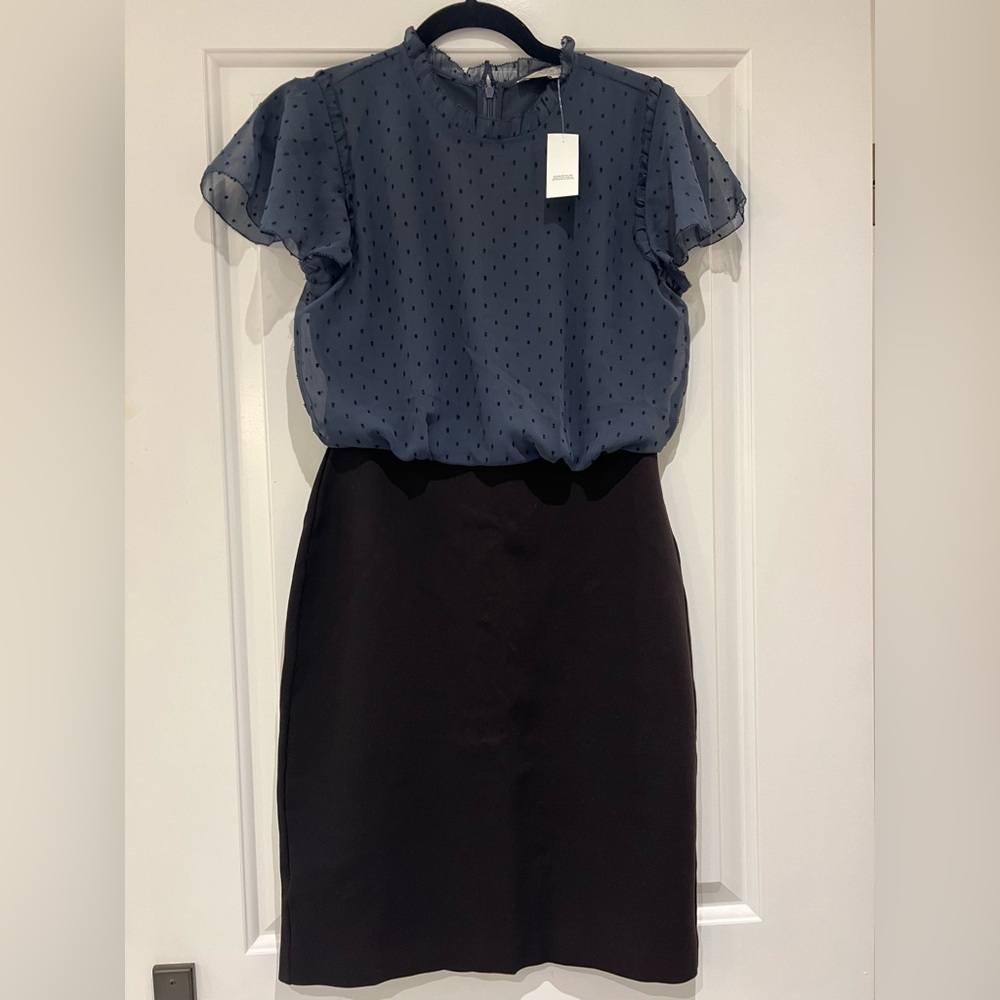 Loft, size 2, dress with lines sheer dot charcoal/navy top and black skirt. NWT